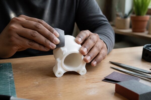 হাতে sanding করে 3D প্রিন্টেড প্রোটোটাইপ মসৃণ করা হচ্ছে