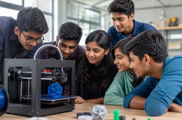 বাংলাদেশি শিক্ষার্থীরা শ্রেণিকক্ষে 3D printer দেখছে