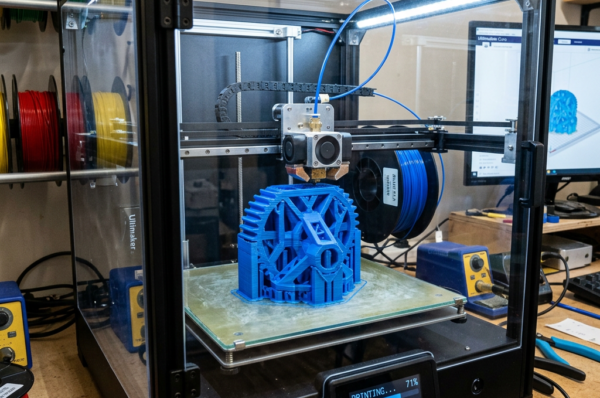Enclosed 3D printer producing a blue geometric model