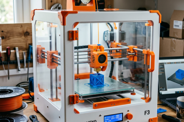 FILAMEND F3 3D printer creating a blue geometric model