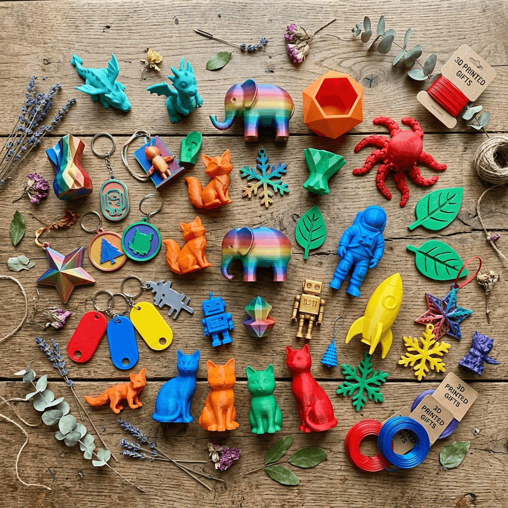 Colorful 3D-printed figures, ornaments, tags, and gifts on a wooden table