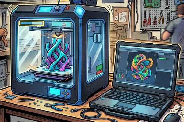 3D printer creating a colorful sculpture beside laptop showing 48% done