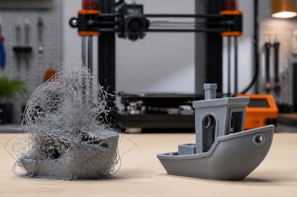 ব্যর্থ spaghetti 3D print এবং সফল মডেলের তুলনা