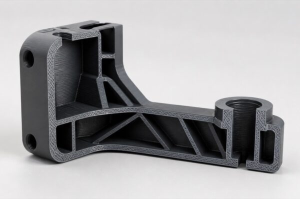 Wall, rib ও screw boss-সহ cutaway 3D printed bracket