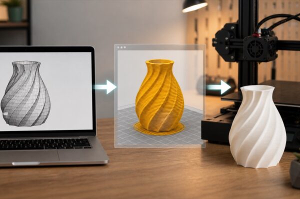 CAD model থেকে slicing হয়ে finished 3D printed product