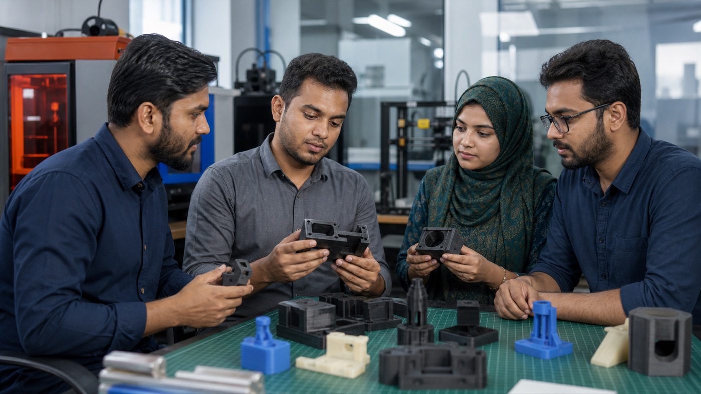 বাংলাদেশি প্রকৌশল দল 3D printed jig, fixture ও replacement part যাচাই করছে