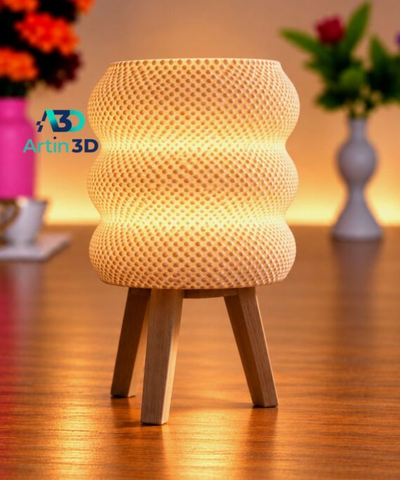 Warm wavy mesh 3D printed lamp on three short legs